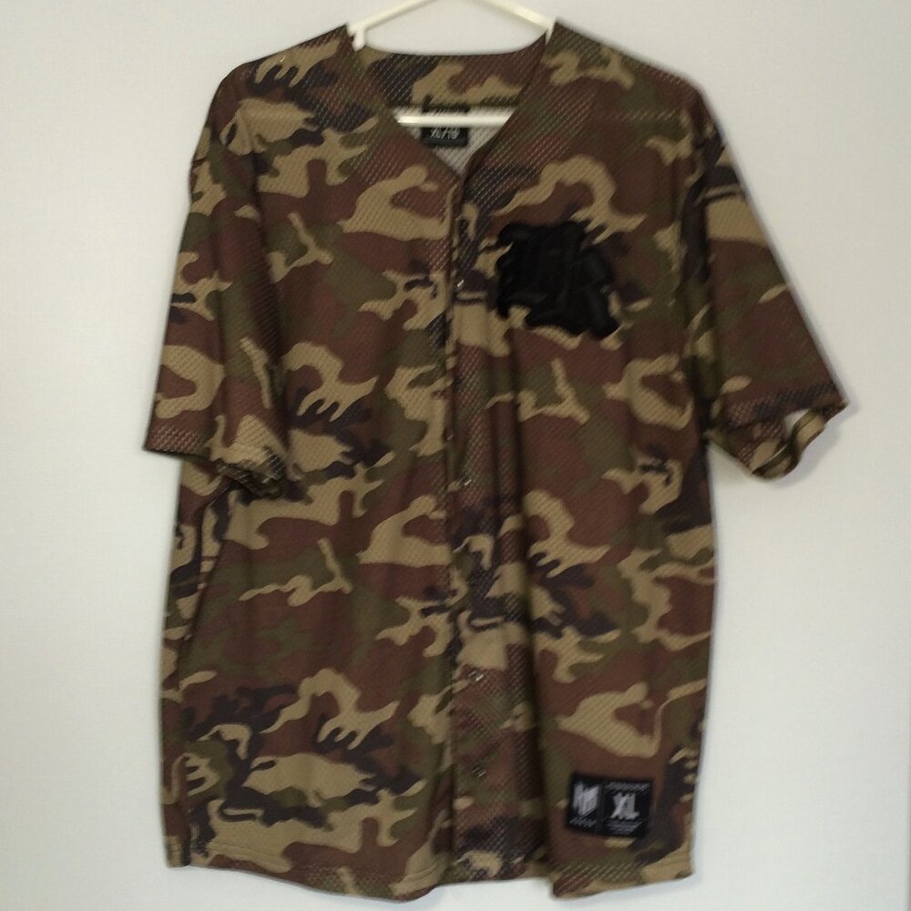 Headrush Mens Camo Jersey XL Khaki Green Brown Button Closure Mesh Short Sleeve